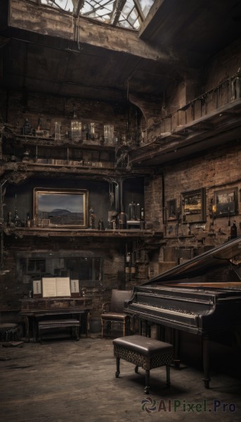 indoors,no humans,window,chair,table,sunlight,building,instrument,scenery,stairs,ruins,stool,piano,chandelier,grand piano,bottle,wooden floor,candle,picture frame,painting (object),bar (place),candlestand,fireplace