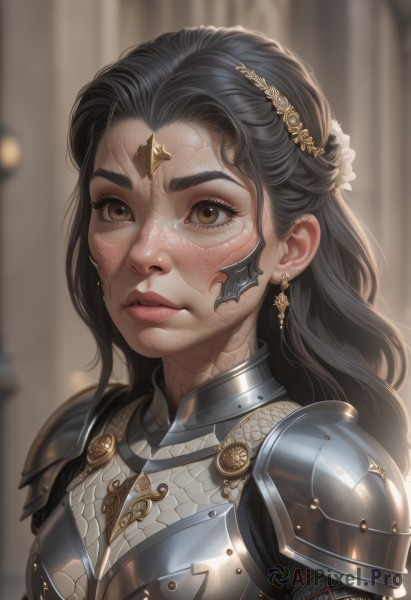 1girl,solo,long hair,looking at viewer,black hair,hair ornament,brown eyes,jewelry,upper body,earrings,parted lips,armor,blurry,lips,eyelashes,blurry background,shoulder armor,portrait,freckles,pauldrons,breastplate,realistic,nose,chainmail,plate armor,artist name