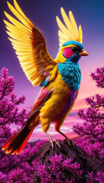 solo,closed mouth,standing,full body,flower,outdoors,wings,sky,blurry,black eyes,tree,pokemon (creature),no humans,bird,cherry blossoms,flying,sunset,branch,animal focus,twilight,gradient sky,talons,beak,purple sky,pink sky,cloud,signature,watermark,realistic