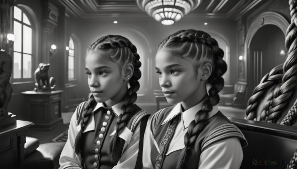 long hair,smile,bangs,multiple girls,shirt,long sleeves,1boy,2girls,sitting,closed mouth,monochrome,upper body,braid,greyscale,collared shirt,indoors,dark skin,vest,twin braids,window,siblings,chair,table,sisters,dual persona,mirror,statue,book,parody,formal,cat,twins,brother and sister,lamp