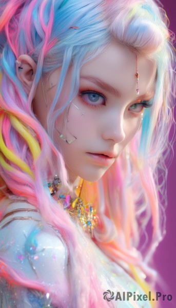 1girl,solo,long hair,looking at viewer,blue eyes,blonde hair,simple background,jewelry,closed mouth,blue hair,upper body,pink hair,white hair,multicolored hair,artist name,necklace,blurry,from side,lips,grey eyes,eyelashes,makeup,piercing,gem,ear piercing,portrait,eyeshadow,purple background,realistic,nose,eyeliner,mascara,earrings,expressionless,forehead