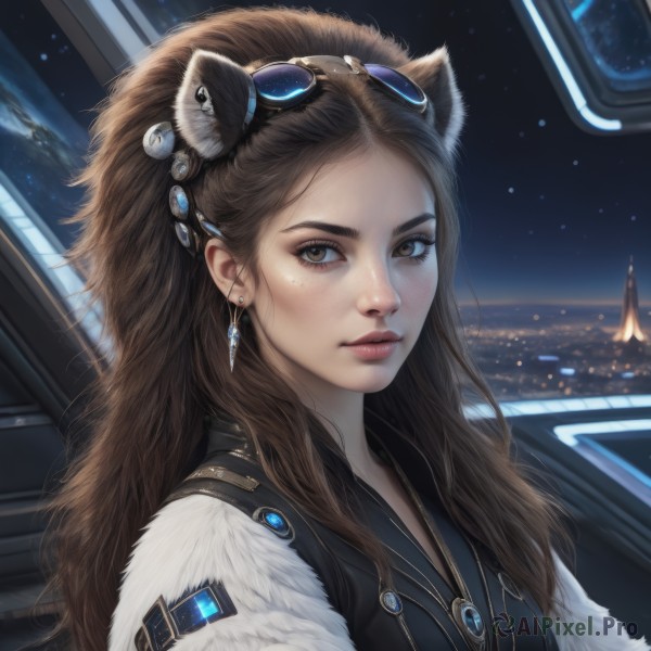 1girl,solo,long hair,looking at viewer,brown hair,hair ornament,animal ears,brown eyes,jewelry,closed mouth,upper body,earrings,sky,cat ears,necklace,vest,lips,fur trim,eyelashes,window,makeup,night,goggles,portrait,star (sky),night sky,eyewear on head,starry sky,freckles,goggles on head,realistic,nose,cityscape,city lights,science fiction