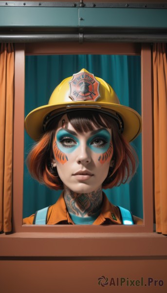 1girl,solo,looking at viewer,short hair,bangs,brown hair,hat,brown eyes,jewelry,closed mouth,upper body,earrings,lips,window,tattoo,makeup,helmet,curtains,portrait,eyeshadow,nose,eyeliner,yellow headwear,hardhat,indoors,eyelashes,thick eyebrows,lipstick,realistic,facepaint,facial tattoo,mascara