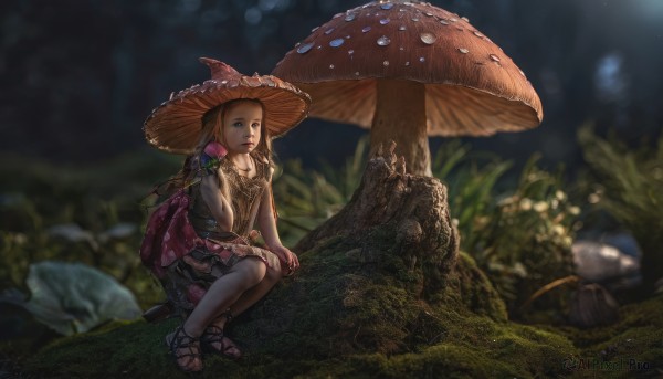 1girl,solo,long hair,blue eyes,skirt,brown hair,hat,dress,holding,sitting,closed mouth,braid,flower,outdoors,blurry,tree,witch hat,depth of field,blurry background,rose,sandals,squatting,grass,plant,nature,pink flower,forest,holding flower,mushroom,moss,tree stump,log,blonde hair,jewelry,bag,bracelet