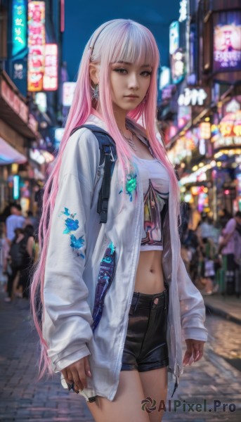 1girl,solo,long hair,breasts,looking at viewer,bangs,shirt,long sleeves,navel,brown eyes,jewelry,medium breasts,very long hair,closed mouth,standing,jacket,white shirt,pink hair,cowboy shot,hairband,earrings,outdoors,open clothes,shorts,solo focus,midriff,necklace,bag,nail polish,blurry,open jacket,lips,crop top,fingernails,sleeves past wrists,short shorts,night,blurry background,black shorts,white jacket,backpack,building,pink nails,city,realistic,road,street,white hair,blunt bangs