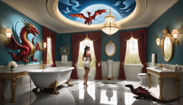 1girl,solo,long hair,brown hair,black hair,dress,bare shoulders,standing,ponytail,flower,wings,barefoot,indoors,dark skin,white dress,dark-skinned female,window,moon,table,curtains,towel,full moon,reflection,mirror,dragon,lamp,bathing,bath,naked towel,bathroom,stool,bathtub,eastern dragon,ass,night