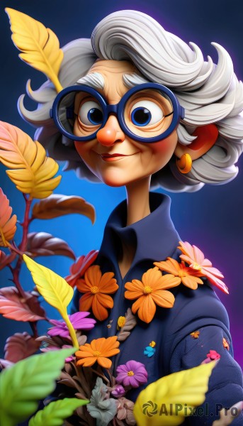 1girl,solo,looking at viewer,smile,short hair,blue eyes,shirt,jewelry,upper body,flower,white hair,grey hair,earrings,glasses,collared shirt,artist name,blurry,lips,makeup,leaf,blue background,bug,blue shirt,lipstick,freckles,injury,yellow flower,round eyewear,purple flower,red lips,old,dirty,orange flower,old woman,long sleeves,closed mouth,jacket,heart,parted lips,gradient,black shirt,gradient background,eyelashes,watermark,thick eyebrows,plant,goggles,messy hair,web address,black-framed eyewear,nose,blue-framed eyewear,dirty face,dirty clothes