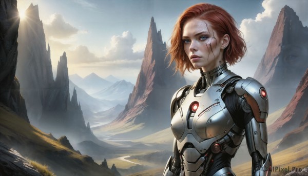 HQ,1girl,solo,breasts,short hair,blue eyes,brown hair,jewelry,upper body,red hair,earrings,small breasts,outdoors,sky,day,cloud,signature,armor,lips,bodysuit,scar,sunlight,science fiction,mountain,realistic,sun,looking afar,cyborg,mountainous horizon,power armor,glowing,expressionless,cloudy sky,lens flare,nose