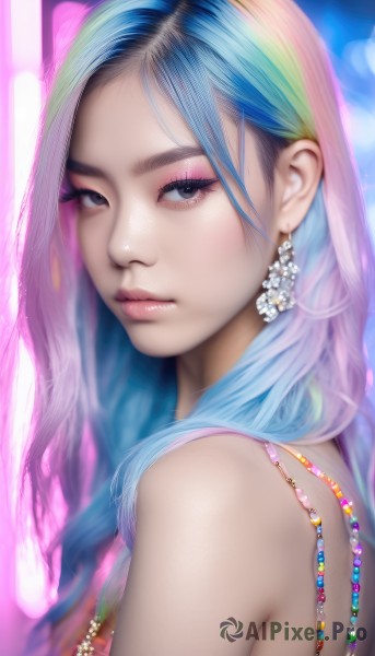 1girl,solo,long hair,looking at viewer,blue eyes,bare shoulders,jewelry,closed mouth,blue hair,upper body,pink hair,multicolored hair,earrings,necklace,black eyes,from side,two-tone hair,lips,looking to the side,grey eyes,eyelashes,makeup,gem,web address,eyeshadow,freckles,realistic,nose,eyeliner,mascara,rainbow hair,blonde hair,flower,artist name,gradient hair,watermark,portrait,pearl (gemstone)