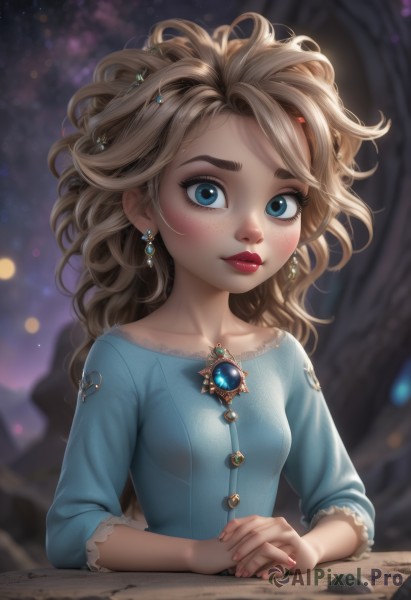 1girl,solo,long hair,breasts,looking at viewer,blush,blue eyes,blonde hair,shirt,hair ornament,long sleeves,dress,jewelry,collarbone,upper body,earrings,small breasts,artist name,nail polish,blurry,lips,eyelashes,makeup,buttons,depth of field,blurry background,blue dress,wavy hair,table,own hands together,blue shirt,lipstick,brooch,gem,child,freckles,red lips,mascara,watermark,aged down,messy hair,web address,realistic