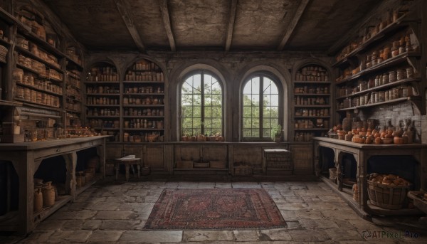 food,day,indoors,tree,book,no humans,window,fruit,chair,table,sunlight,bottle,scenery,wooden floor,bookshelf,basket,bread,shelf,jar,shop,ceiling,barrel,sky,cloud,plant,steam,smoke,fantasy,apple,tiles,potted plant,candle,tile floor,crate