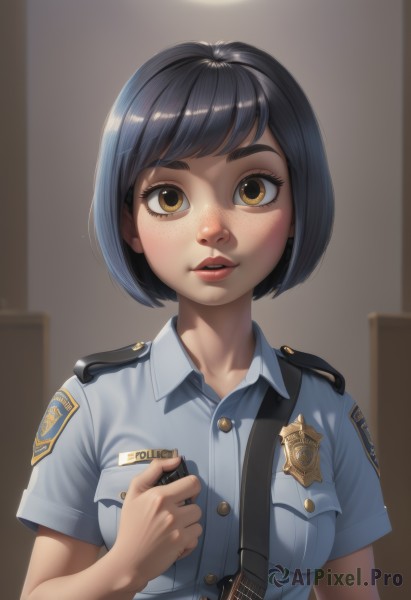 1girl,solo,breasts,looking at viewer,short hair,bangs,shirt,black hair,holding,brown eyes,medium breasts,upper body,short sleeves,parted lips,teeth,collared shirt,artist name,indoors,uniform,lips,eyelashes,buttons,watermark,bob cut,thick eyebrows,blue shirt,wing collar,freckles,pocket,guitar,breast pocket,badge,police,police uniform,aiguillette,policewoman,hand on own chest