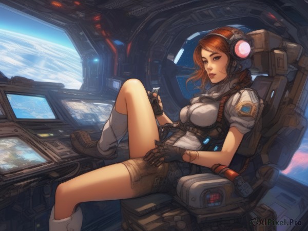 1girl,solo,long hair,breasts,looking at viewer,skirt,brown hair,gloves,brown eyes,medium breasts,sitting,short sleeves,boots,shorts,socks,fingerless gloves,lips,headphones,headset,science fiction,knee up,space,planet,earth (planet),cyberpunk,cockpit,blue eyes,green eyes,weapon,parted lips,signature,bag,window,brown footwear,backpack,nose,monitor,holographic interface