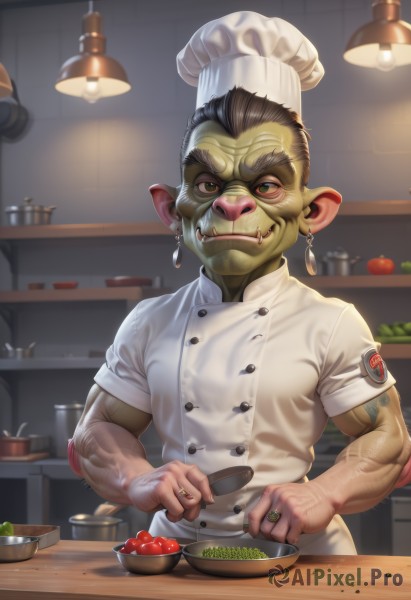 solo,looking at viewer,smile,black hair,1boy,hat,holding,jewelry,green eyes,upper body,short sleeves,male focus,earrings,food,teeth,indoors,muscular,buttons,fruit,colored skin,white headwear,fangs,ring,veins,bowl,realistic,green skin,kitchen,tomato,chef hat,mohawk,orc,tusks,chef,wrinkled skin,brown hair,brown eyes,pointy ears,artist name,tattoo,manly,vegetable,fangs out,onion