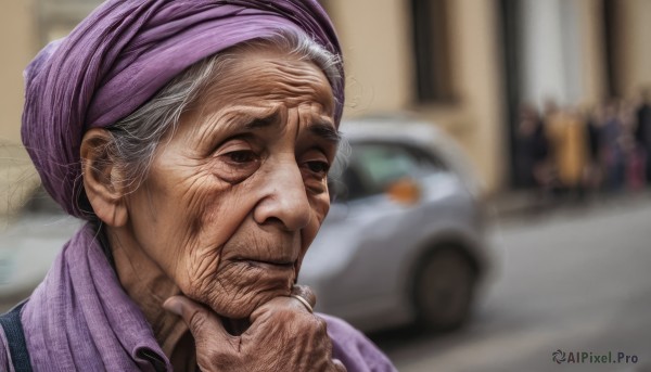 solo,shirt,1boy,closed mouth,white hair,grey hair,male focus,collared shirt,indoors,hand up,blurry,black eyes,depth of field,blurry background,facial hair,ground vehicle,portrait,motor vehicle,realistic,car,hand on own chin,old,old man,thinking,old woman,wrinkled skin,1girl,jewelry,parody,ring,stroking own chin