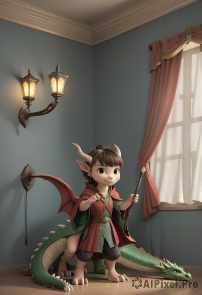 solo,looking at viewer,smile,short hair,brown hair,1boy,holding,brown eyes,closed mouth,standing,tail,full body,male focus,wings,horns,shorts,barefoot,pointy ears,pants,indoors,cape,window,curtains,staff,child,dragon horns,dragon girl,robe,lantern,dragon,dragon tail,red cape,lamp,scales,male child,dragon wings,dragon boy,bangs,belt,artist name,hood,black eyes,cloak,claws,1other,wooden floor,fantasy,holding staff