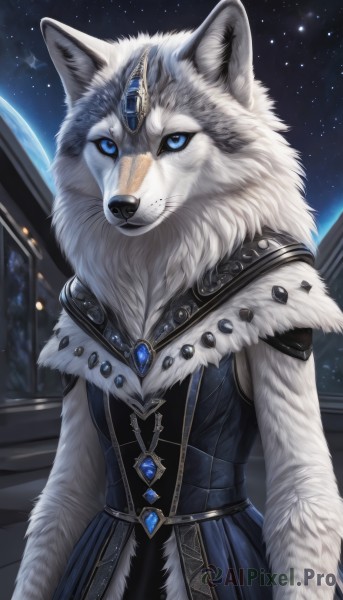 1girl,solo,breasts,looking at viewer,blue eyes,dress,animal ears,jewelry,closed mouth,standing,upper body,small breasts,outdoors,sky,artist name,signature,necklace,fur trim,night,blue dress,animal,wolf ears,brooch,gem,star (sky),night sky,furry,starry sky,colored sclera,fur collar,furry female,space,body fur,white fur,forehead jewel,planet,fur,animal nose,wolf,blue gemstone,moon