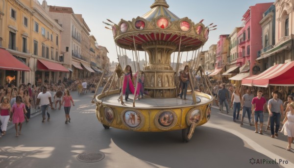 long hair,short hair,multiple girls,brown hair,dress,outdoors,multiple boys,sky,day,shadow,6+girls,formal,ground vehicle,building,scenery,motor vehicle,walking,6+boys,city,car,road,street,crowd,people,crosswalk,vehicle focus,real world location