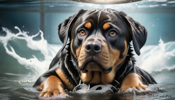 HQ,solo,looking at viewer,brown eyes,water,blurry,no humans,ocean,animal,dog,realistic,animal focus,splashing,waves,whiskers,swimming,outdoors,orange eyes,pokemon (creature),blurry background,watermark,web address,snow,partially submerged