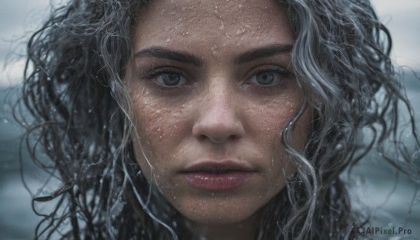 1girl,solo,long hair,looking at viewer,black hair,brown eyes,closed mouth,grey hair,parted lips,water,blurry,lips,wet,grey eyes,eyelashes,depth of field,blurry background,wavy hair,messy hair,portrait,close-up,freckles,curly hair,realistic,nose,wet hair,straight-on,floating hair