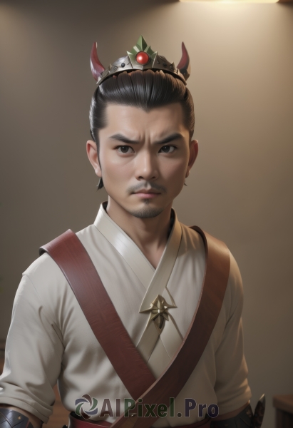 solo,looking at viewer,short hair,black hair,hair ornament,1boy,brown eyes,closed mouth,white shirt,upper body,weapon,male focus,horns,sword,indoors,black eyes,lips,sash,facial hair,beard,brown background,realistic,mustache,topknot,hair bun,single hair bun,crown,serious