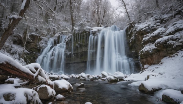 outdoors, water, tree, no humans, nature, scenery, snow, forest, rock, bare tree, waterfall