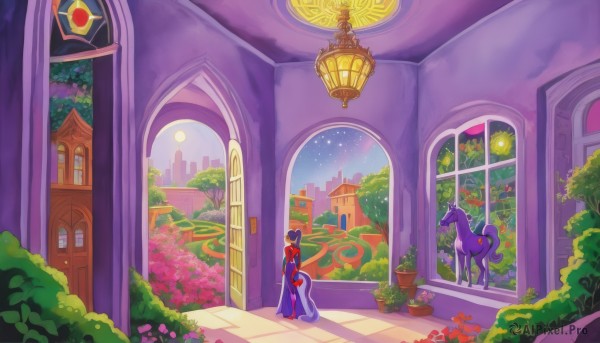 1girl,solo,dress,standing,purple hair,flower,outdoors,sky,hair bun,tree,pokemon (creature),window,double bun,night,plant,building,star (sky),scenery,door,potted plant,bush,pillar,arch,1boy,no humans,night sky,starry sky,horse,unicorn