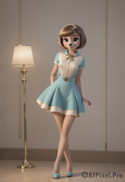 1girl,solo,breasts,looking at viewer,smile,short hair,bangs,skirt,brown hair,dress,ribbon,animal ears,brown eyes,standing,full body,short sleeves,small breasts,shoes,belt,artist name,indoors,high heels,lips,blue skirt,neck ribbon,makeup,blue dress,short dress,bob cut,crossed legs,dog ears,furry,arm behind back,blue footwear,furry female,lamp,watson cross,black eyes