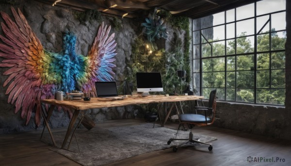 flower,wings,sky,cloud,indoors,tree,no humans,window,chair,table,plant,scenery,desk,wooden floor,lamp,computer,monitor,day,cup,book,bird,mug,glass,laptop,keyboard (computer),mouse (computer),drawing tablet,overgrown