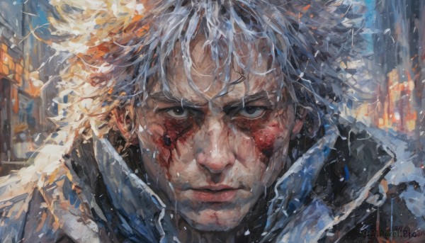 solo,looking at viewer,short hair,bangs,blue eyes,1boy,closed mouth,white hair,male focus,outdoors,signature,black eyes,lips,coat,grey eyes,blood,scar,building,messy hair,portrait,scar on face,close-up,rain,injury,blood on face,realistic,jacket,upper body,artist name,snow,serious,snowing,manly