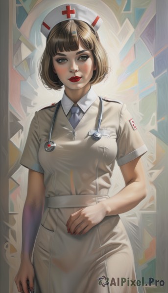 1girl,solo,breasts,looking at viewer,blush,short hair,bangs,brown hair,hat,dress,holding,brown eyes,medium breasts,closed mouth,standing,short sleeves,cowboy shot,parted lips,necktie,artist name,blunt bangs,nail polish,white dress,uniform,lips,fingernails,makeup,bob cut,cross,lipstick,red nails,pocket,blue necktie,realistic,nurse cap,collared dress,red lips,nurse,syringe,hand on own stomach,stethoscope,red cross,smile,nose,name tag,id card