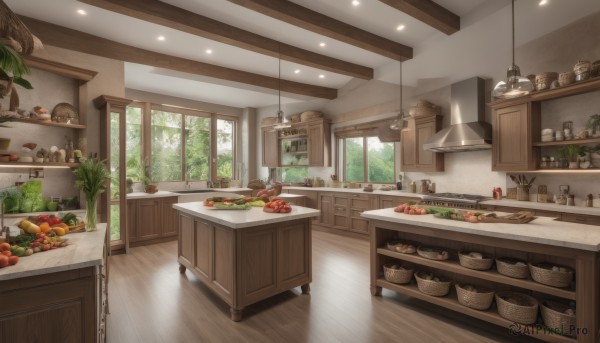 food,day,indoors,tree,cup,no humans,window,fruit,table,sunlight,bottle,plant,scenery,plate,bowl,wooden floor,apple,basket,carrot,bread,shelf,meat,kitchen,jar,tomato,vegetable,sink,ceiling light,cabinet,cutting board,chair,box,counter,refrigerator