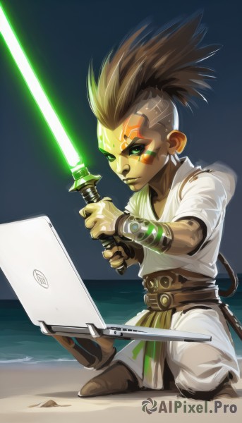 solo,brown hair,1boy,green eyes,ponytail,weapon,male focus,sword,dark skin,glowing,facial mark,beach,dark-skinned male,computer,cyborg,laptop,energy sword,mohawk,lightsaber,jewelry,earrings,tattoo,ocean,colored sclera,science fiction,sand,facepaint,no eyebrows