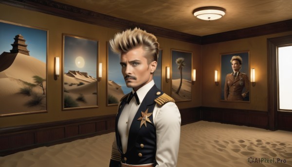 solo,looking at viewer,blonde hair,brown hair,shirt,1boy,white shirt,upper body,male focus,multicolored hair,multiple boys,necktie,indoors,2boys,star (symbol),uniform,vest,military,military uniform,facial hair,formal,moon,black necktie,beard,realistic,mustache,lamp,painting (object),short hair,blue eyes,jewelry,jacket,grey hair,earrings,sky,collared shirt,window,night,buttons,epaulettes,badge,medal