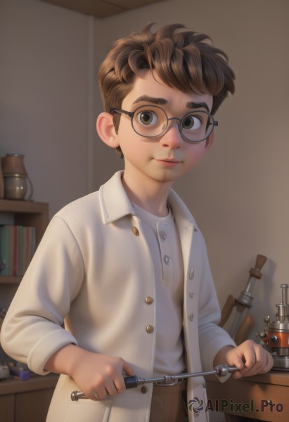 solo,looking at viewer,short hair,brown hair,shirt,long sleeves,1boy,holding,brown eyes,closed mouth,standing,white shirt,upper body,male focus,open clothes,glasses,belt,pants,indoors,book,buttons,child,realistic,labcoat,bookshelf,male child,shelf,smile,collared shirt,lips,thick eyebrows,brown pants