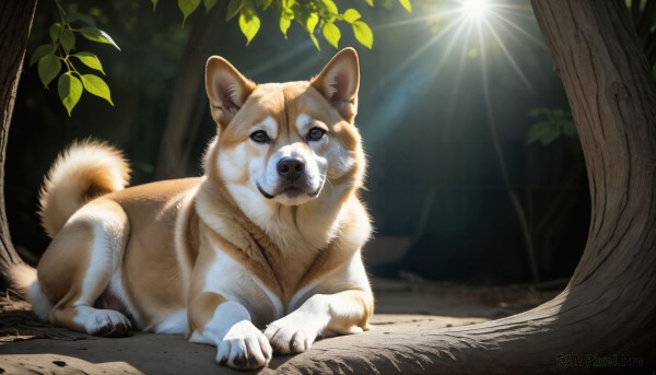 HQ,solo,looking at viewer,full body,outdoors,lying,day,signature,blurry,black eyes,tree,no humans,animal,leaf,sunlight,plant,on stomach,nature,forest,dog,light rays,realistic,branch,animal focus,brown eyes