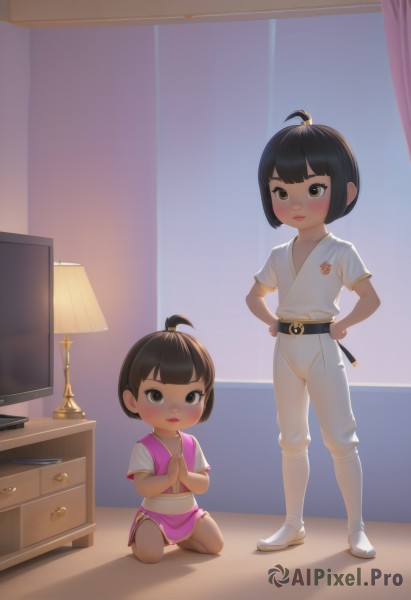 looking at viewer,blush,short hair,bangs,multiple girls,skirt,brown hair,shirt,black hair,2girls,brown eyes,sitting,closed mouth,standing,white shirt,ahoge,short sleeves,japanese clothes,socks,belt,pants,indoors,dark skin,blunt bangs,dark-skinned female,kneeling,siblings,sandals,white footwear,own hands together,curtains,child,pink skirt,hands on hips,female child,lamp,television,topknot,dougi,pink shorts,martial arts belt,lips,desk,hands on own chest,drawer