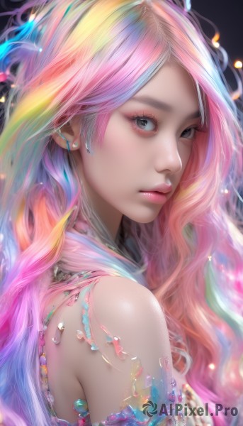 1girl,solo,long hair,looking at viewer,bangs,bare shoulders,jewelry,closed mouth,blue hair,upper body,pink hair,multicolored hair,earrings,black eyes,from side,lips,grey eyes,eyelashes,gradient hair,makeup,watermark,piercing,lipstick,gem,web address,eyeshadow,pink lips,realistic,nose,eyeliner,colorful,mascara,rainbow hair,wavy hair,portrait,rainbow,pearl (gemstone)