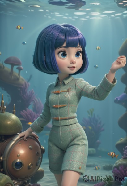 1girl,solo,smile,short hair,bangs,blue eyes,shirt,long sleeves,holding,blue hair,standing,parted lips,shorts,blunt bangs,water,lips,looking to the side,looking away,sunlight,bob cut,helmet,robot,child,headwear removed,fish,light rays,underwater,female child,shell,helmet removed,turtle,coral,clownfish,purple hair,teeth,collared shirt,plaid,watermark,web address,freckles,nose,green shirt,sunbeam,plaid shirt,aquarium