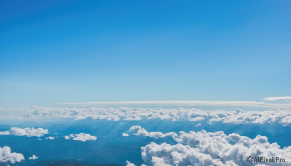 monochrome,outdoors,sky,day,cloud,blue sky,no humans,ocean,cloudy sky,scenery,blue theme,mountain,horizon,landscape,above clouds