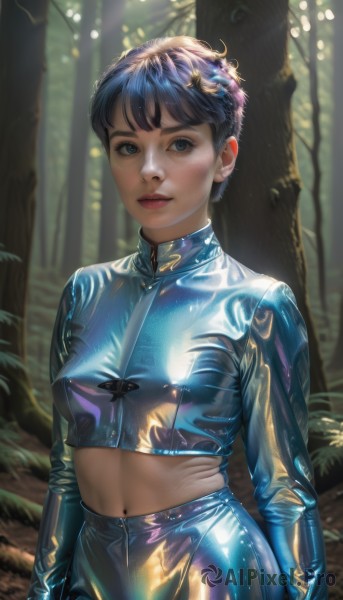 1girl,solo,breasts,looking at viewer,short hair,bangs,blue eyes,black hair,gloves,long sleeves,navel,closed mouth,blue hair,standing,cowboy shot,small breasts,outdoors,day,black gloves,midriff,shiny,pants,blurry,tree,lips,crop top,bodysuit,makeup,blurry background,sunlight,nature,skin tight,forest,shiny clothes,realistic,leather,dappled sunlight,latex,latex bodysuit,hair ornament,zipper,very short hair