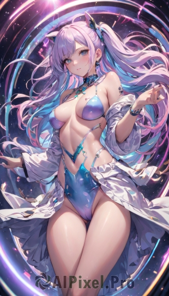 1girl,solo,long hair,breasts,looking at viewer,blush,bangs,blue eyes,large breasts,hair ornament,long sleeves,navel,animal ears,cleavage,bare shoulders,jewelry,medium breasts,closed mouth,blue hair,standing,swimsuit,pink hair,purple hair,sidelocks,bikini,thighs,multicolored hair,cowboy shot,earrings,parted lips,open clothes,choker,cat ears,off shoulder,stomach,nail polish,bracelet,two-tone hair,leotard,two side up,groin,tattoo,detached collar,floating hair,feet out of frame,cameltoe,highleg,thigh gap,revealing clothes,breasts apart,blue bikini,highleg leotard,colored inner hair,blue leotard,twintails,jacket,hand up,one-piece swimsuit,white jacket,butterfly hair ornament