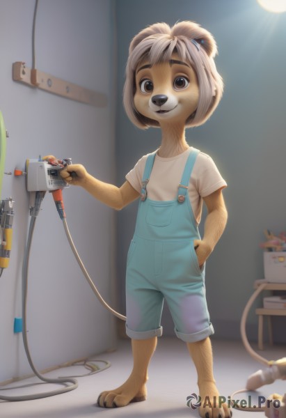 1girl,solo,looking at viewer,smile,short hair,bangs,brown hair,shirt,hair ornament,holding,animal ears,brown eyes,closed mouth,standing,tail,full body,white shirt,short sleeves,barefoot,artist name,indoors,hand up,signature,blurry,flat chest,:3,blurry background,watermark,happy,sunlight,suspenders,child,dog ears,furry,pocket,dog tail,hand in pocket,furry female,dog girl,female child,overalls,cable,male child,body fur,white fur,animal nose,topknot,snout,brown fur,two-tone fur,buck teeth,blue overalls,1boy,male focus,shorts,thick eyebrows,denim,t-shirt,claws,furry male,bear ears