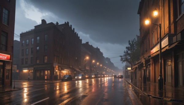 outdoors,sky,cloud,water,tree,no humans,window,night,cloudy sky,ground vehicle,building,night sky,scenery,motor vehicle,reflection,rain,city,sign,car,light,road,bridge,power lines,lamppost,street,utility pole,puddle,crosswalk,vanishing point,house,road sign,shop,traffic light,real world location,sidewalk