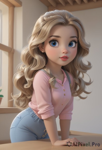 1girl,solo,long hair,breasts,looking at viewer,blush,blue eyes,blonde hair,shirt,jewelry,earrings,small breasts,parted lips,teeth,pants,indoors,nail polish,lips,fingernails,eyelashes,window,leaning forward,buttons,arm support,wavy hair,table,suspenders,denim,pink nails,freckles,curly hair,pink shirt,jeans,nose,stud earrings,brown hair,long sleeves,collarbone,braid,cowboy shot,blurry,thick eyebrows,plant,forehead,potted plant