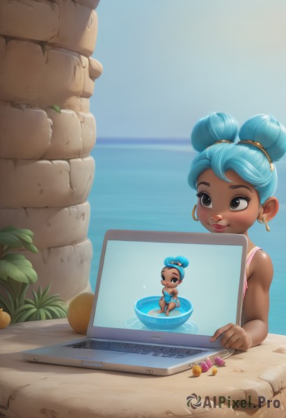 1girl,solo,smile,short hair,brown eyes,jewelry,sitting,blue hair,swimsuit,earrings,outdoors,food,sky,day,dark skin,water,hair bun,chibi,black eyes,dark-skinned female,lips,one-piece swimsuit,double bun,fruit,ocean,beach,plant,child,innertube,hoop earrings,sand,computer,laptop,very dark skin,pink one-piece swimsuit,blush,bikini,artist name,aqua hair,watermark,single hair bun,partially submerged,nose,female child,drawing