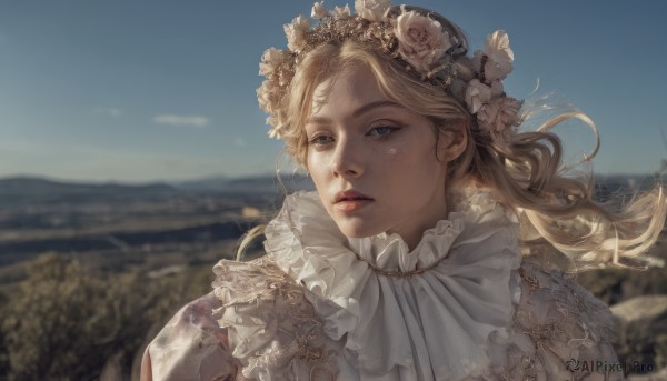 1girl,solo,long hair,looking at viewer,blue eyes,blonde hair,hair ornament,dress,upper body,flower,outdoors,frills,parted lips,sky,day,hair flower,white dress,blurry,blue sky,lips,depth of field,blurry background,wind,portrait,freckles,realistic,bangs,floating hair,rose,white flower,white rose