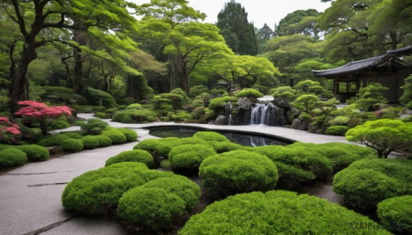 outdoors,day,water,tree,no humans,grass,building,nature,scenery,forest,road,bush,architecture,bridge,east asian architecture,river,waterfall,landscape,path,real world location,rock,pond