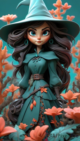 1girl,solo,long hair,looking at viewer,blue eyes,brown hair,black hair,gloves,long sleeves,hat,dress,jewelry,closed mouth,green eyes,standing,flower,earrings,black gloves,belt,artist name,blurry,lips,eyelashes,makeup,capelet,witch hat,depth of field,blue dress,blue background,wavy hair,thick eyebrows,red flower,buckle,blue headwear,belt buckle,witch,blue capelet,aqua dress,breasts,very long hair,puffy sleeves,cape,lipstick,curly hair,green dress