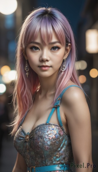 1girl,solo,long hair,breasts,looking at viewer,smile,bangs,blue eyes,dress,cleavage,bare shoulders,brown eyes,jewelry,medium breasts,closed mouth,upper body,pink hair,purple hair,multicolored hair,earrings,parted lips,sleeveless,belt,artist name,blurry,black eyes,two-tone hair,lips,eyelashes,makeup,depth of field,blurry background,buckle,belt buckle,realistic,nose,bokeh,brown hair,underwear,collarbone,bra,gem